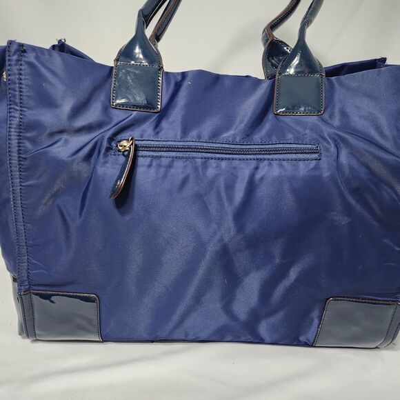 Tory Burch Ella Nylon Tote Navy Blue Patent Trim Logo Large Shoulder Bag Purse - Picture 5 of 16